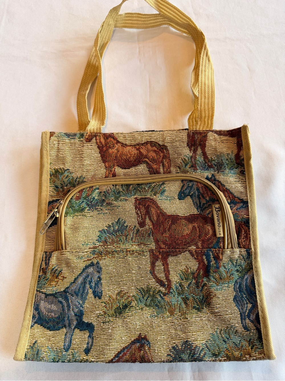 Vintage Bovano USA Western Equestrian Horse Tapestry Tote Bag